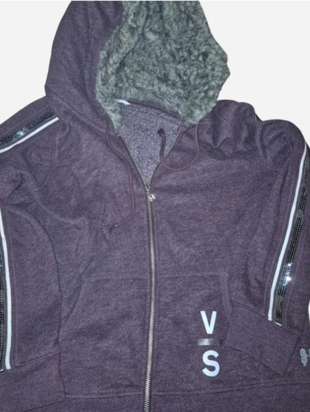 Y2k Victoria's Secret Purple Hoodie with Faux Fur Hood & Stripes on Sleeves